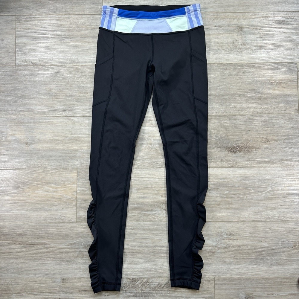 Lululemon Size 6 Speed Tight 30" Ruffle Leggings Black Stripe Waistband  Gym Y2K